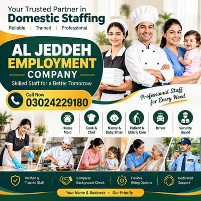 Cook, Chef, House maids, Baby Sitter, Patient Care, Driver, Nanny