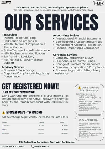 Tax Return Filing, NTN Registration & Accounting Services