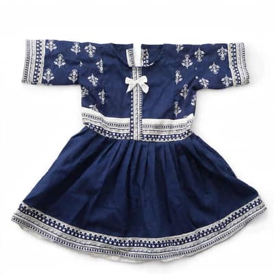 Home Made Baby Frock Navy Blue - 1 to 2 Years - Cute Bow - New