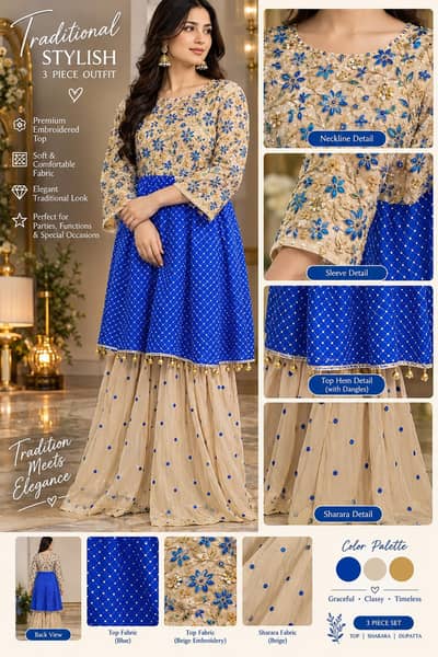 New Royal Blue & Beige Embroidered 2 Piece Sharara Suit