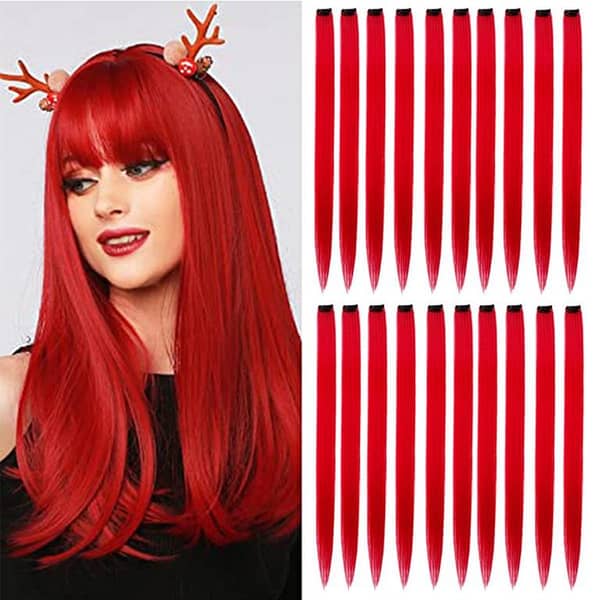 Pack of 6 RED Long Straight Hair Clip Extensions for Girls and Women
