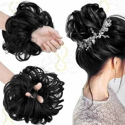 New Arrival: Synthetic Extensions Messy Scrunchies Poni Hair Care Pieces for Women in Shine Black