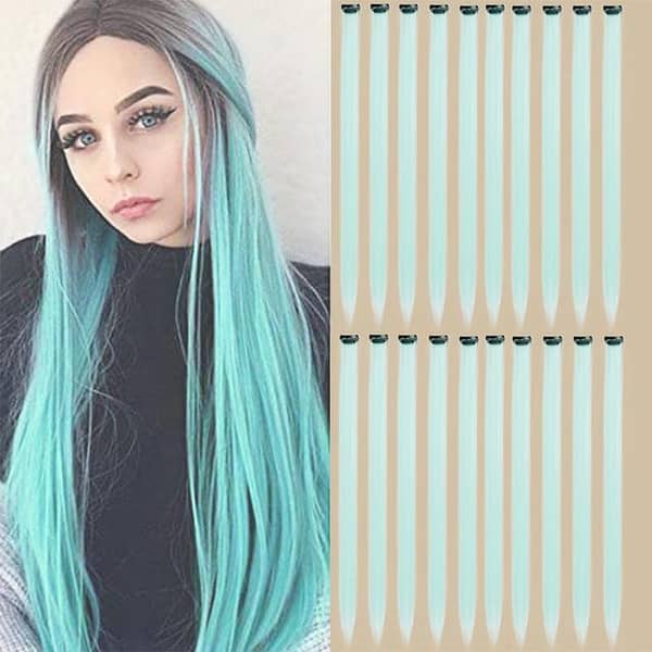 Pack of 6 Long Straight Hair Clip Extensions for Girls and Women – Light Blue