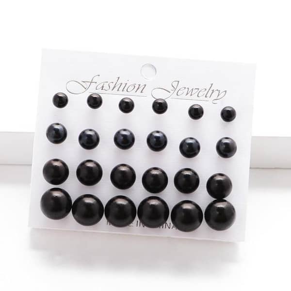 12-Pairs Black and White Pearl Bead Ear Stud Earrings for Women