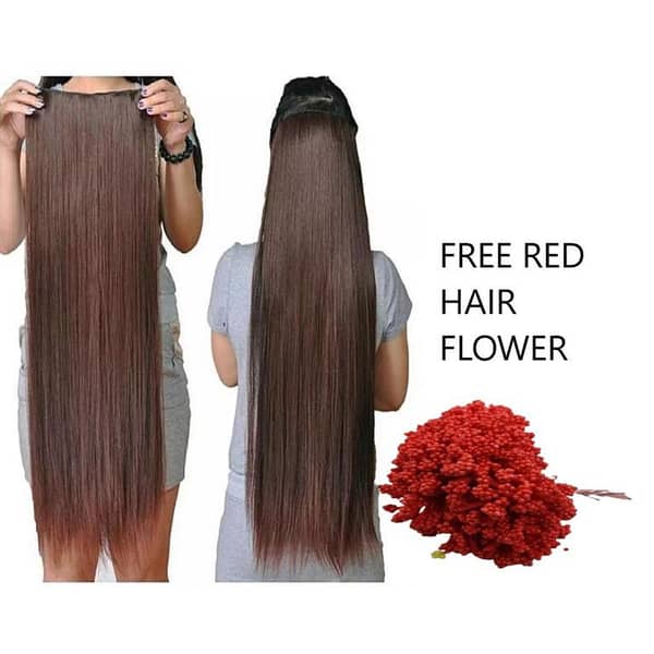 Comb Hair Extension Brown - Dark Brown, 27 Inches (Clip-In) with Free Red Hair Flower