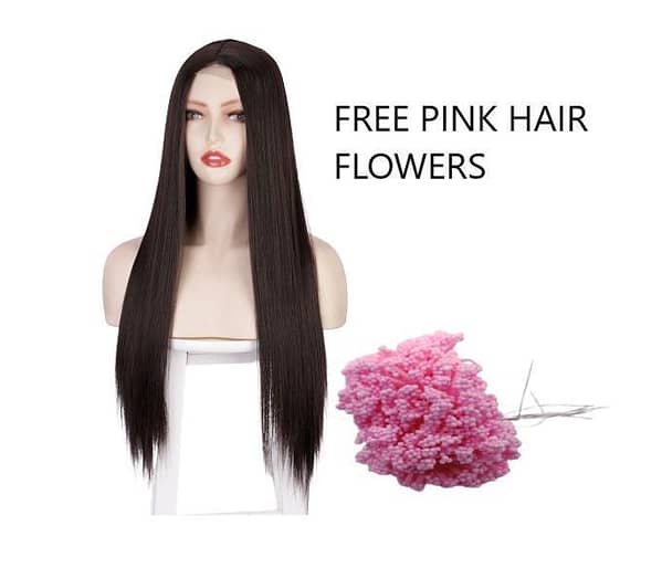 Full Head Wig for Women, Natural Black, 26–28 inches, with Free Pink Hair Flower