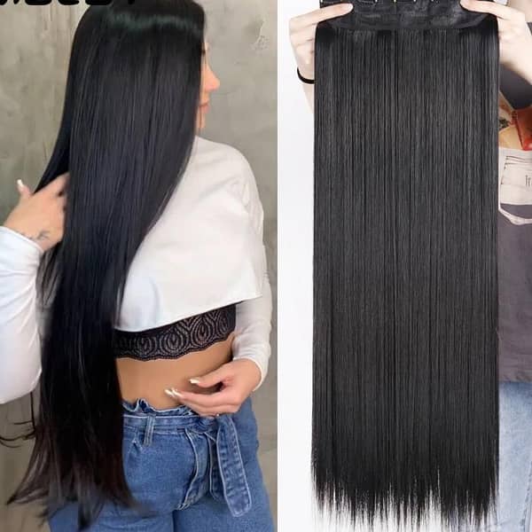 Hair Extensions For Girls - HT2 Premium Synthetic 5-Clip Extension (Natural Black)