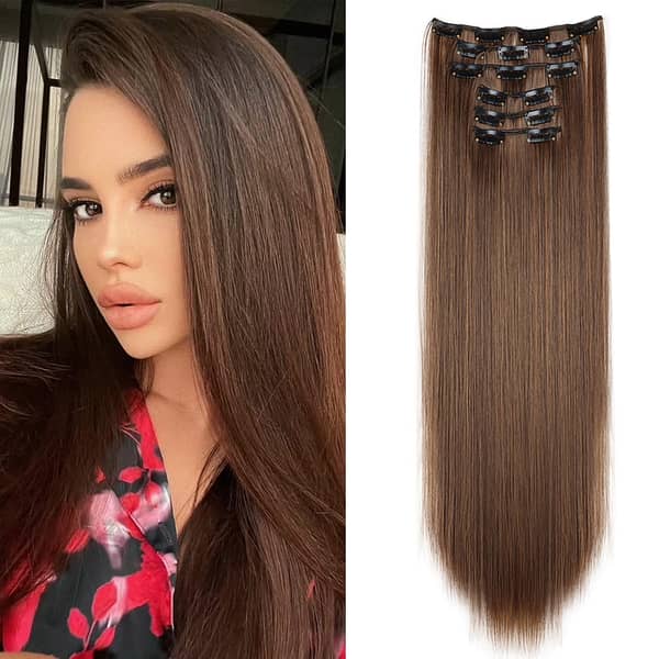 24-Inch 16-Clip Hair Extensions: Long Straight Synthetic, Heat-Resistant, Daily Use