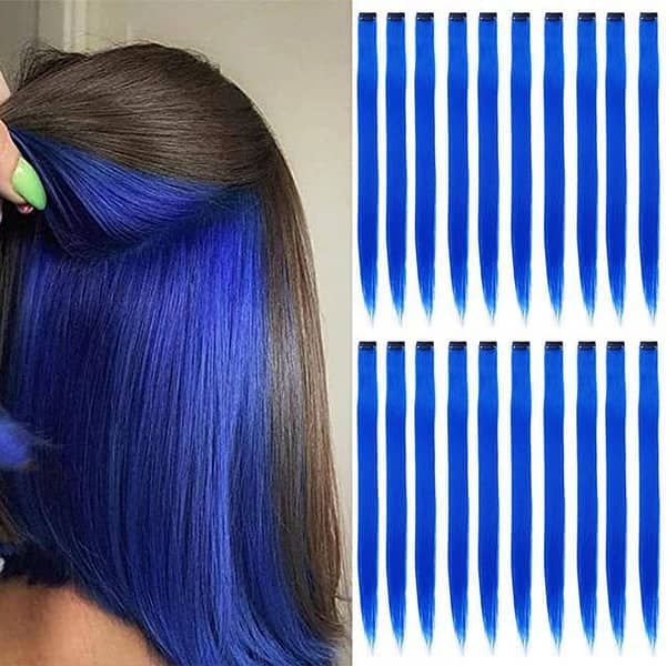 Pack of 6 Blue Long Straight Hair Clip Extensions for Girls and Women