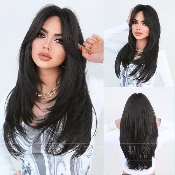 high-quality natural layered wig for women with eight-bang gradient long straight hair, full head set