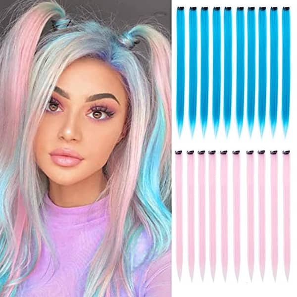 Pack of 6: 3 baby pink and 3 light blue Long Straight Hair Clip Extensions for Girls and Women