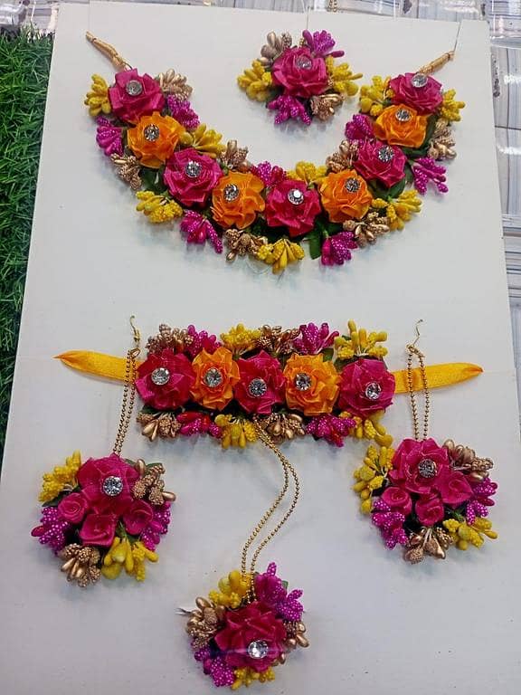 Handmade Flower Jewelry Set for Brides: Choker, Bracelet, Ring, Earrings, and Tika
