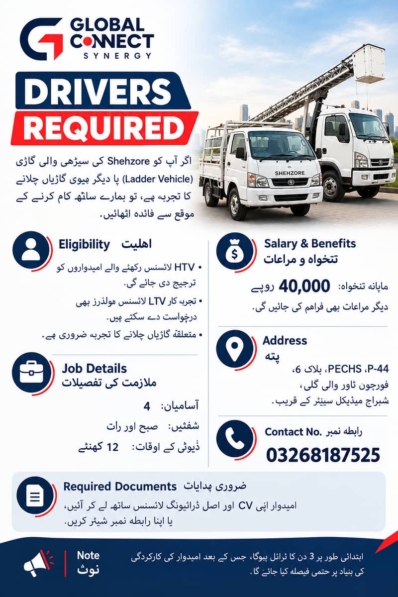 Driver Required LTV / سیڑھی والی گاڑی چلانے والے ڈرائیورز کی ضرورت ہے 0