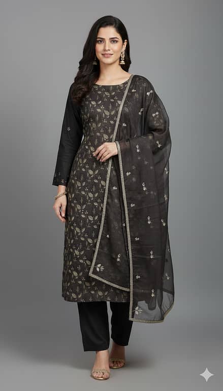 "Elegant 3-Piece Black Unstitched Suit Set: Embroidered Shirt, Dupatta, and Trouser"