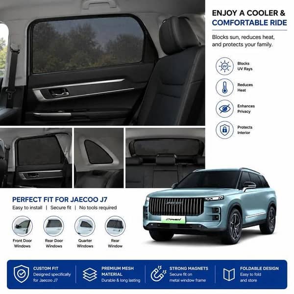 Jaecoo J7 Foldable Car Sun Shades (6PCS) | Custom Fit UV Protection Privacy Mesh Window Shades | No Logo