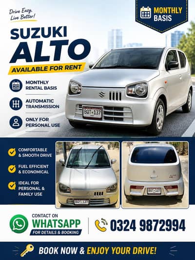 Suzuki Alto Automatic for Rent – Monthly Basis in Karachi