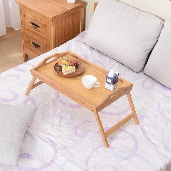 T  Adjustable Bamboo Laptop Stand - Portable Bed Lap Desk with Anti-Slip Baffle and Timely Heat Emission