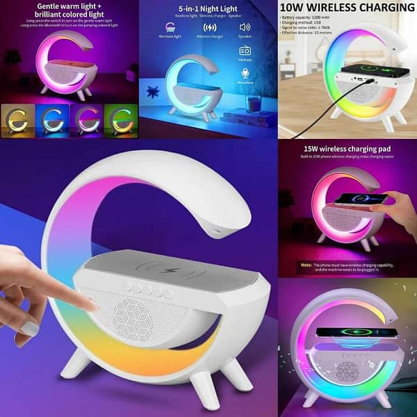T  Charging Speaker Lamp- RGB lamp - Wireless charger desk lamp led - table lamp home decoration with speaker clock - Alarm smart app Rgb night light - 3 In 1 G Smart Station - Multifunctional Wireless Lamp - G LED Table Stand - Night Light Touch Lamp