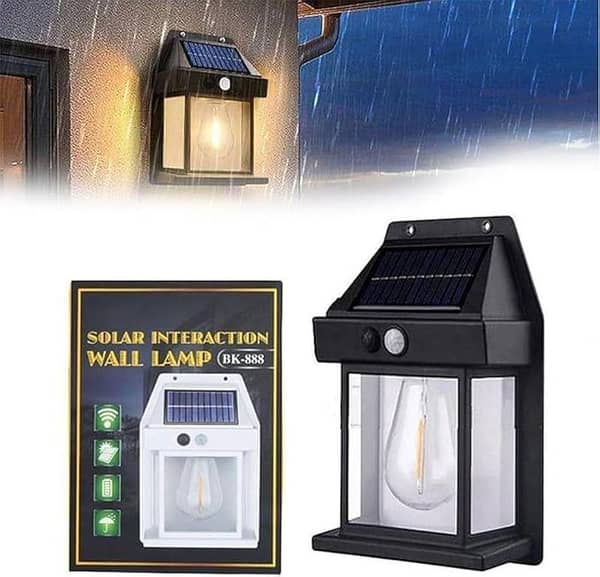 T  New Solar Tungsten Wireless Wall Light | Motion Sensor Waterproof Outdoor Lamp for Porch, Patio, Yard, and Garden | Sleek Black Design