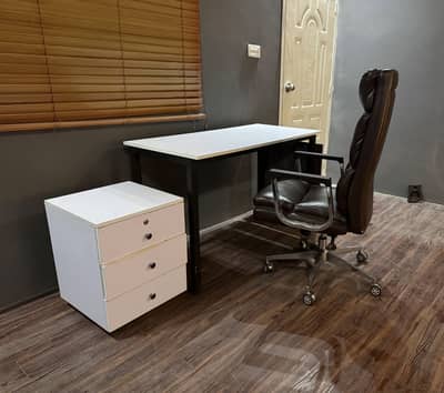 Executive Office Table, Chair & 3-Drawer Side Cabinet