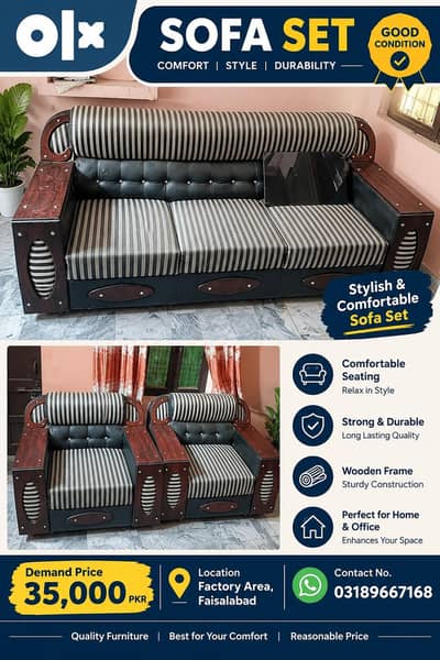 Stylish Sofa Set with Wooden Arms – Used Furniture for Sale 35k.