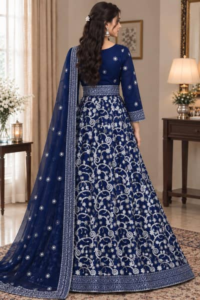 Royal Blue Silk Lehenga Dress with Silver Embroidery & Net Dupatta