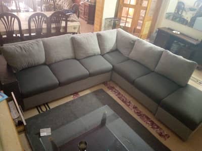 Gret coloured L shaped sofa 7 seater, seperate cushions