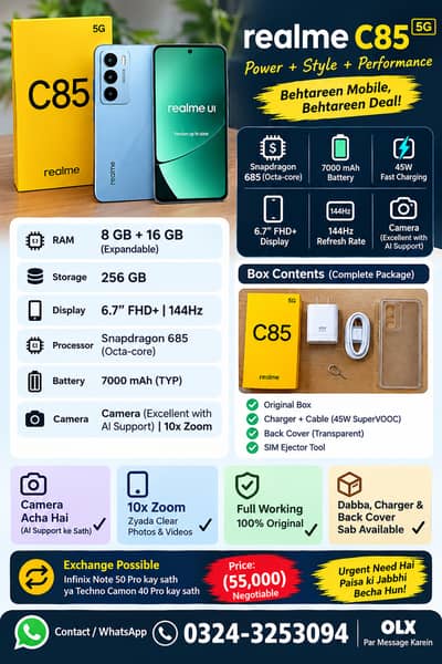 Realme C85 5G 256GB – 8GB+16GB RAM – Excellent Condition