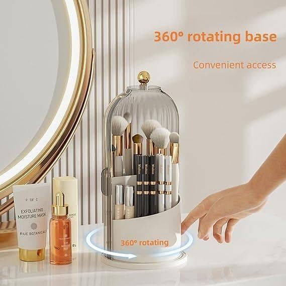 T  Makeup Brush Holder Case, 360° Rotating Cosmetic Organizer with Dustproof Lid, Spinning Cosmetics Holders Storage Organizer for Vanity and Bathroom