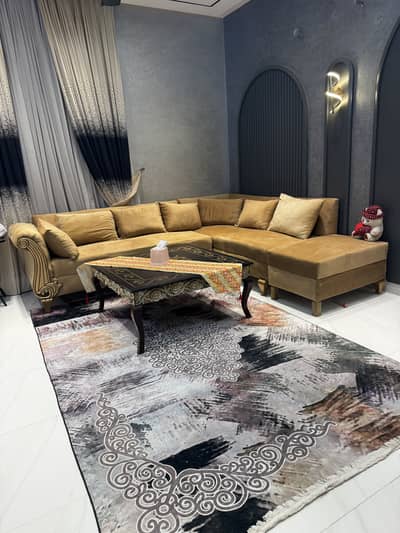 L-Shaped Golden Sofa Set | 7 Seater | For Sale