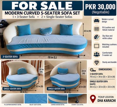 Blue & White Curved 5-Seater Sofa Set for Sale | 3+1+1
