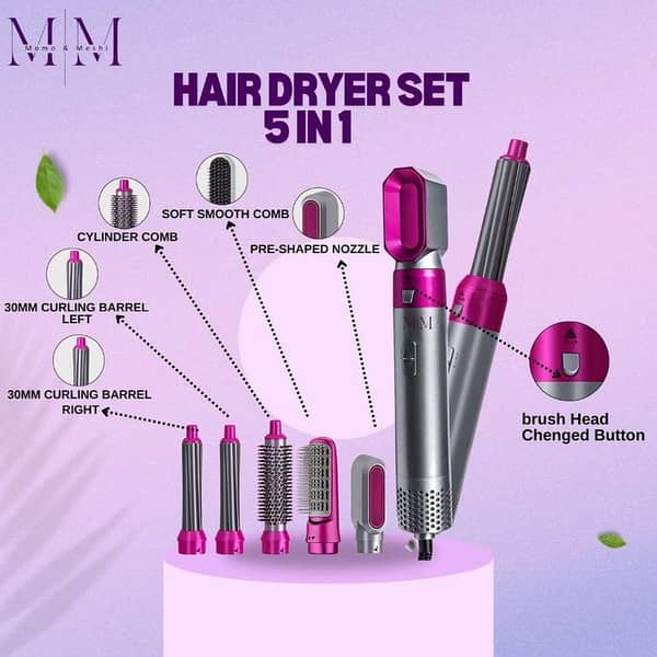 T  Professional 5 in 1 Hair Dryer & Hot Air Brush Styler, Hot Air Brush for Volumizing, Curling, and Straightening with Anti-Frizz Negative Ion Technology, Fast Drying, Professional Results with Salon-Worthy Volume and Style by MOMO & M