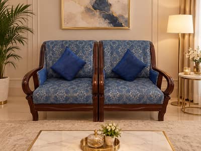 Sheesham Wooden 8 Seater Sofa with Blue Fabric and Cushions