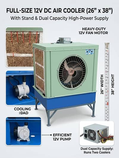 12V Solar Air Cooler 26"x38" with Power Supply and Stand Included