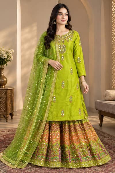 Designer Lime Green Gharara 3 piece|Mirror Work-New, Party Wear