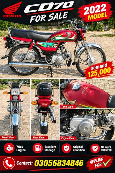 Honda CD 70 2022 Model for Sale – Excellent Condition