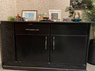 Black Wooden Sideboard Cabinet with Marble Top – 2 Drawers & 2 Doors