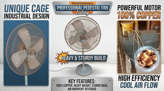 Heavy-Duty Vintage Metal Pedestal Fan – 100% Copper Winding