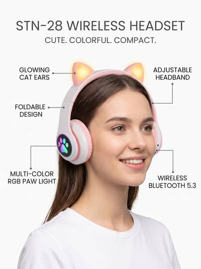 STN-28 Cat Ear Wireless Headset – Stylish, Cute & Comfortable! 