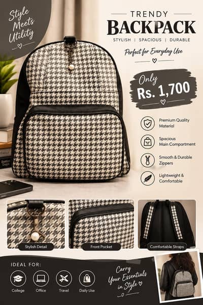 Stylish Ladies Backpack for Girls – Black & White Printed Bag Rs. 1700