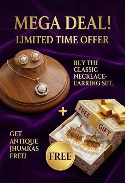 Luxury Golden Pearl Necklace & Earrings Set + FREE Antique Jhumkas