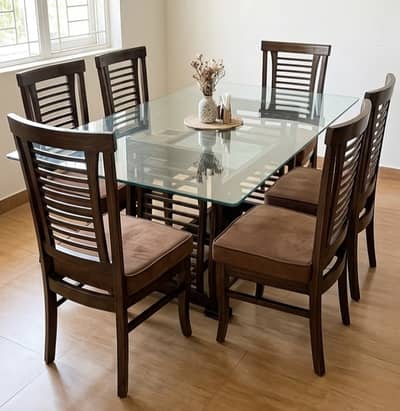 Solid Wood 6-Seater Dining Table with Glass Top (Excel
