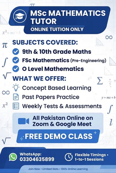 MSc maths tutor available for 9th 10th Fsc o level online