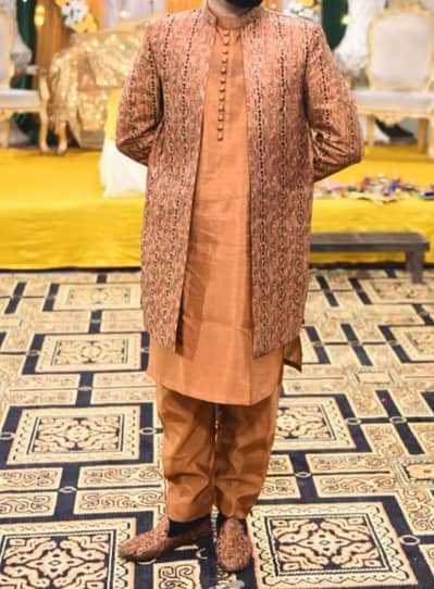 mehendi groom dress long embroidered coat and kurta shalwar