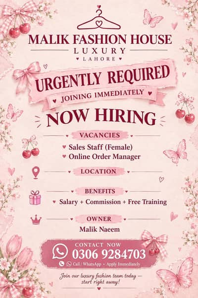 Urgently hiring: Female sales staff and online order manger