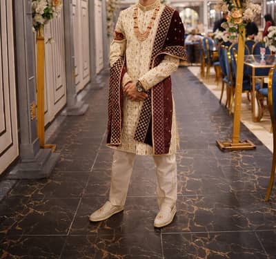 Groom sherwani dress off-white heavy embroidery with shawl