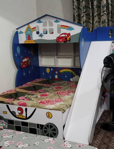 Car-Themed Bed with Study Table/Slide & Storage Shelves