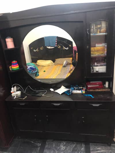 Wooden Dressing Table with Large Round Mirror & Storage Cabinet