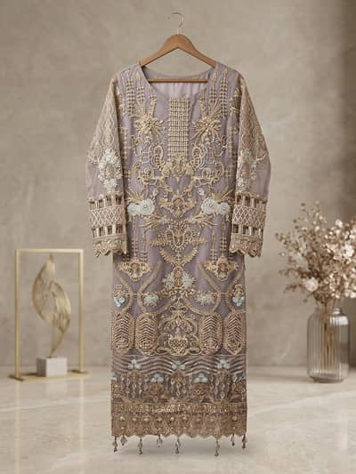 Premium Mouse Colour Embroidered Net Formal Suit