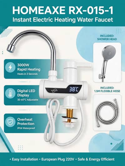 HOMEAXE RX-015-1 Instant Electric Hot Water Faucet with Shower Head.
